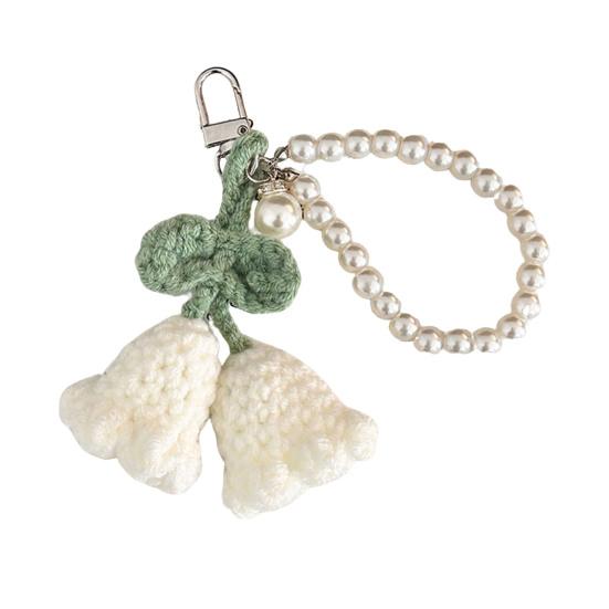 Crochet Flower Keychain Handmade Flower Fruit Bag Charm Cute Keychain Pendant with Faux Pearl Chain Accessory for Girls Women Keys Backpack