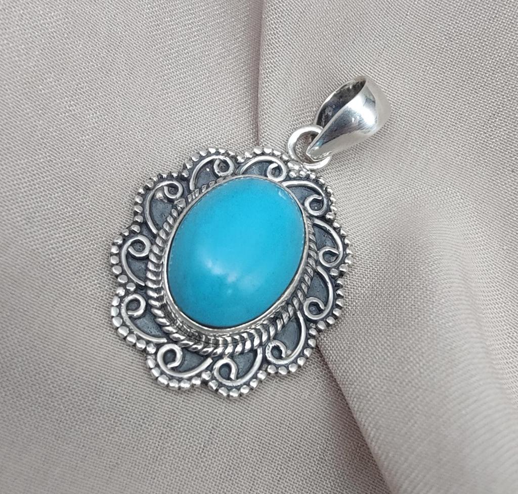 American Turquoise Pendant: Handmade 925 Silver Boho Necklace