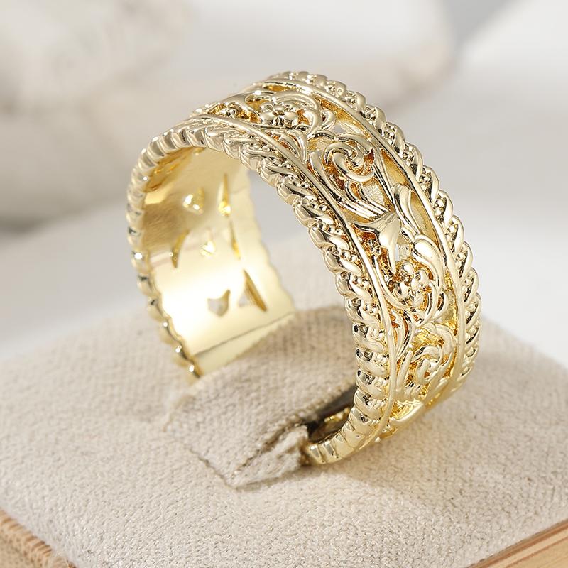 Ethnischer Handgeschnitzter Blumenring für Damen Vintage Goldfarbe Metall Geometrie Tägliches Tragen Party Schmuck Jahrestagsgeschenk 8 beige