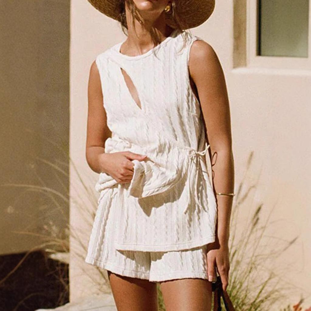 Women's two-piece set spring and summer solid color loose jacquard shorts sleeveless T-shirt