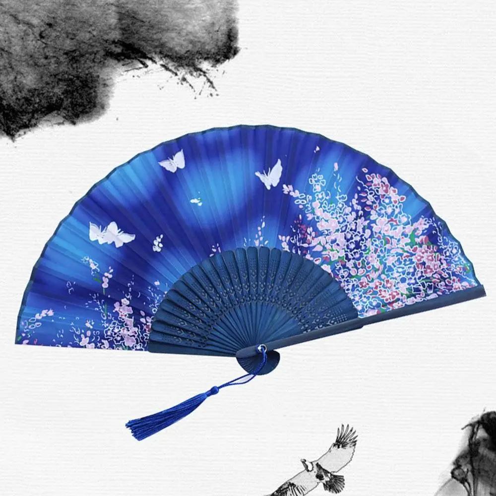 Silk Chinese Japanese Folding Fan Colorful Bamboo Vintage Style Folding Fan Hand Fan Tassel Elegent Female Fan