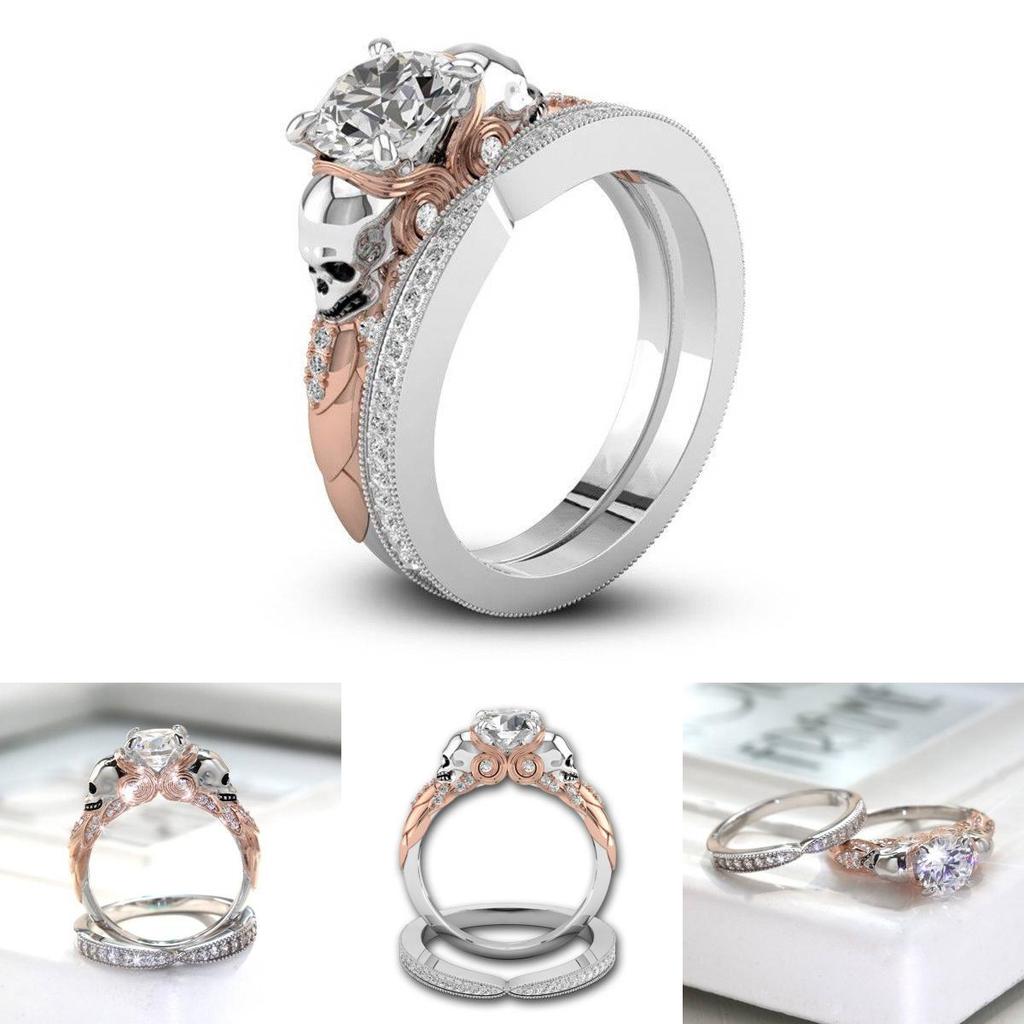 Creative Fashionable Couples Skull Ring With Dual Color Diamond Design In Alloy Material