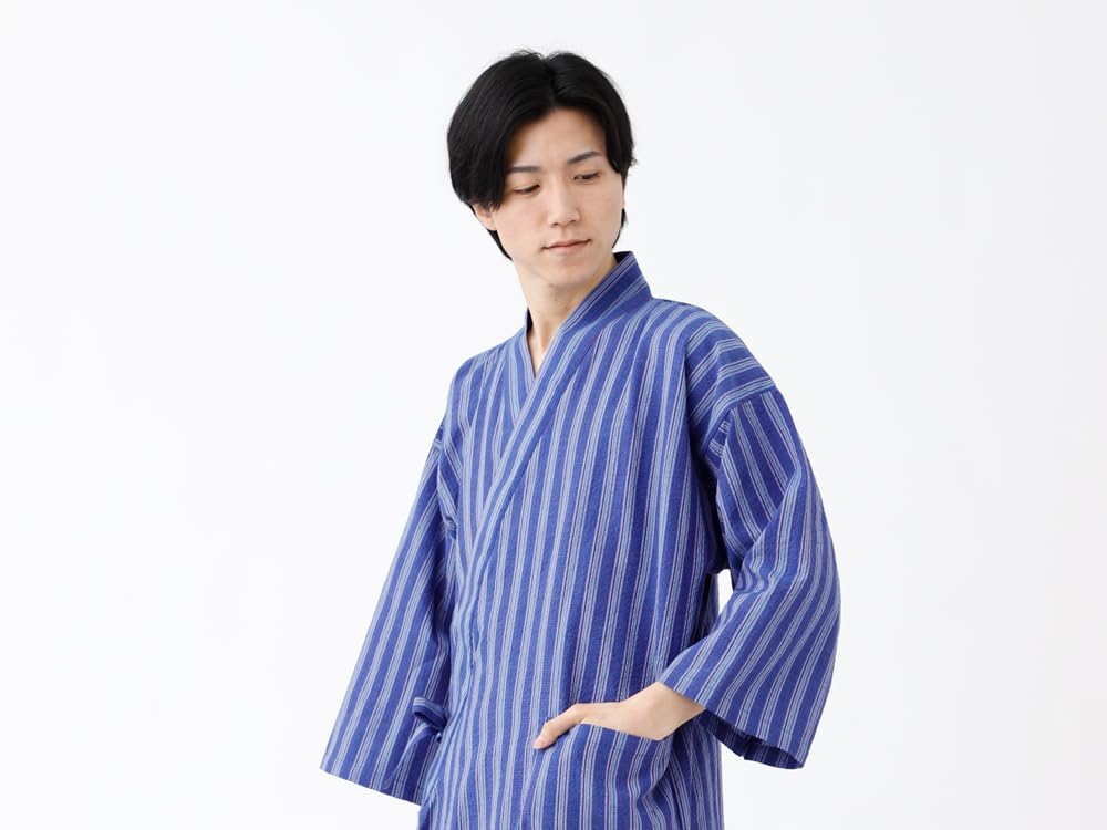 Tayutaf Men's Summer Samue, Shijira Weave, Kurume Fabric, Cotton, BOTAN (Blue Stripes, Size M)