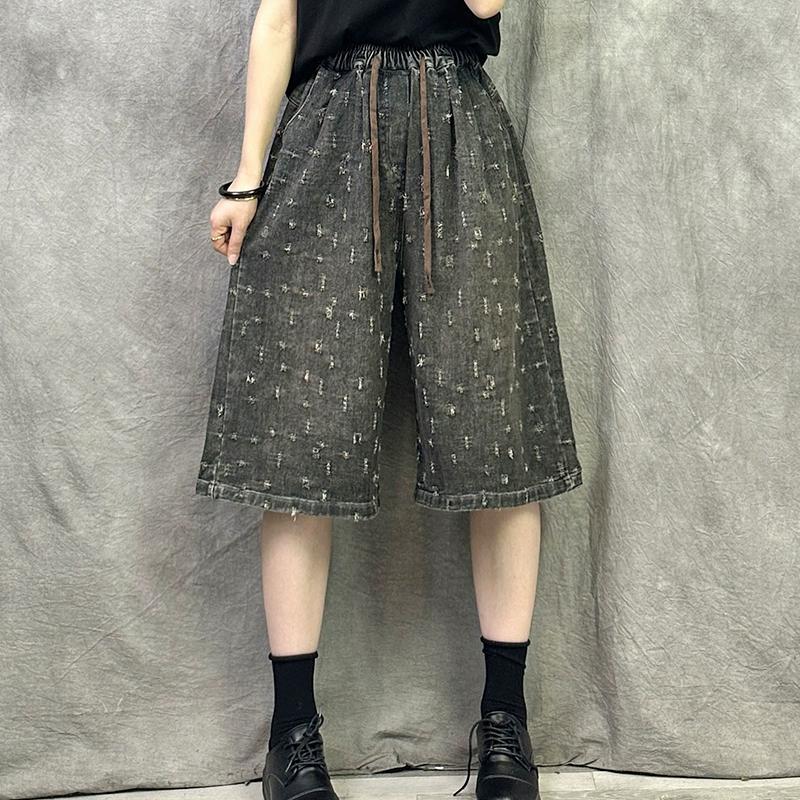 Dimanaf 2025 Summer Women Shorts Jeans Striped Pants High Waist Elastic Basic Loose Black Pants