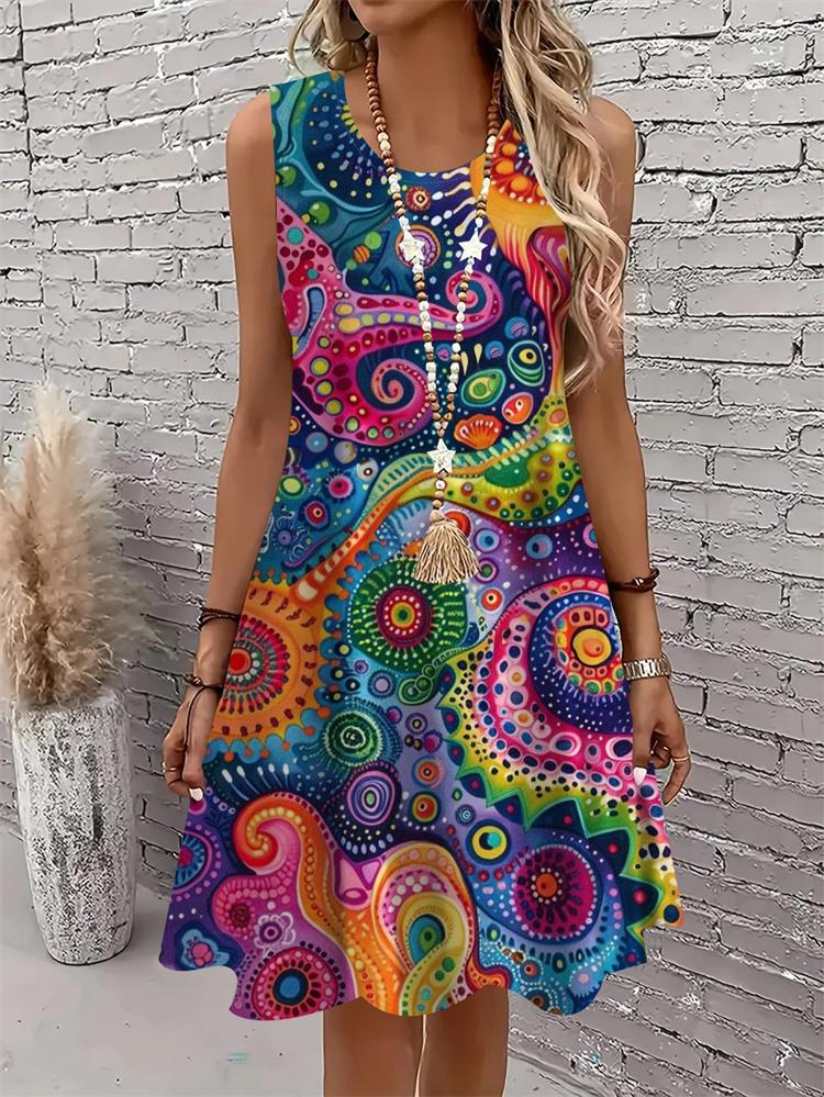 Casual Women Tank Dress Summer Sleeveless O-Neck 3D Print Loose A-Line Dress Beach Vest Dress