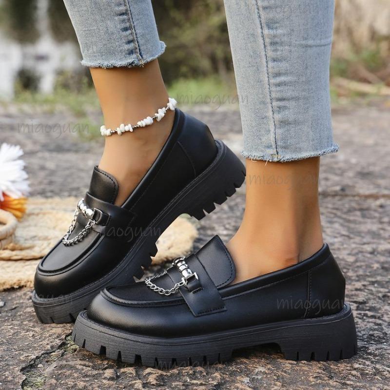 Fashion Metal Chain Platform Loafers Women Thick Bottom Pu Leather Shoes Woman Slip on Black Student Shoes Size 35-43 Zapatos