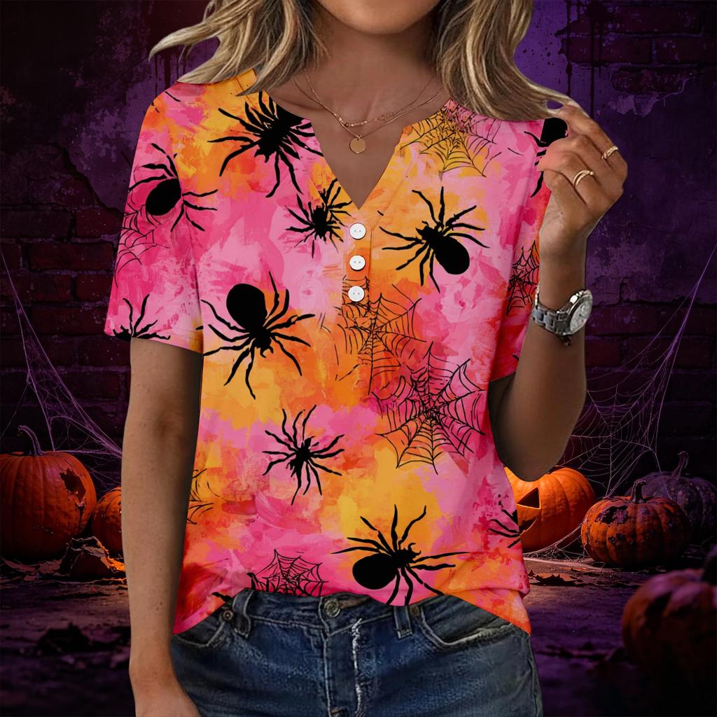 Women V Neck Short Sleeve T Shirt with Decorative Buttons Halloween Print Casual Loose Fit Top for Everyday Wear