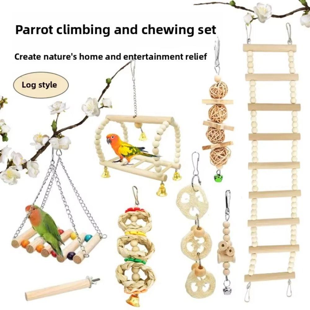 8Pcs Set Wood Parrot Set Bell Perch Swing Combination Bird Toys Hanging Hammock Stand Pole Parrot Training Toys for Parakeet