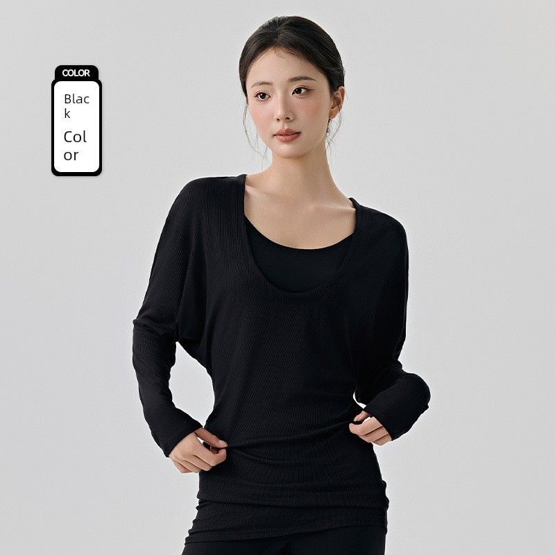 

Sports Blouse Women s Sweater Sweater Hip-Covering Lazy and Loose Casual Pilates Batwing Sleeve Yoga Clothing Top Black S