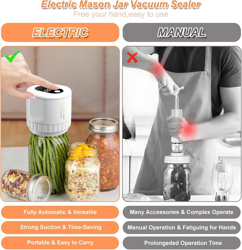 Vakuová zavařovací sklenice, Elektrická vakuová sada na zavařovací sklenice pro širokohrdlé a běžné hrdlo zavařovacích sklenic, pro skladování potravin a fermentaci (Bílý)