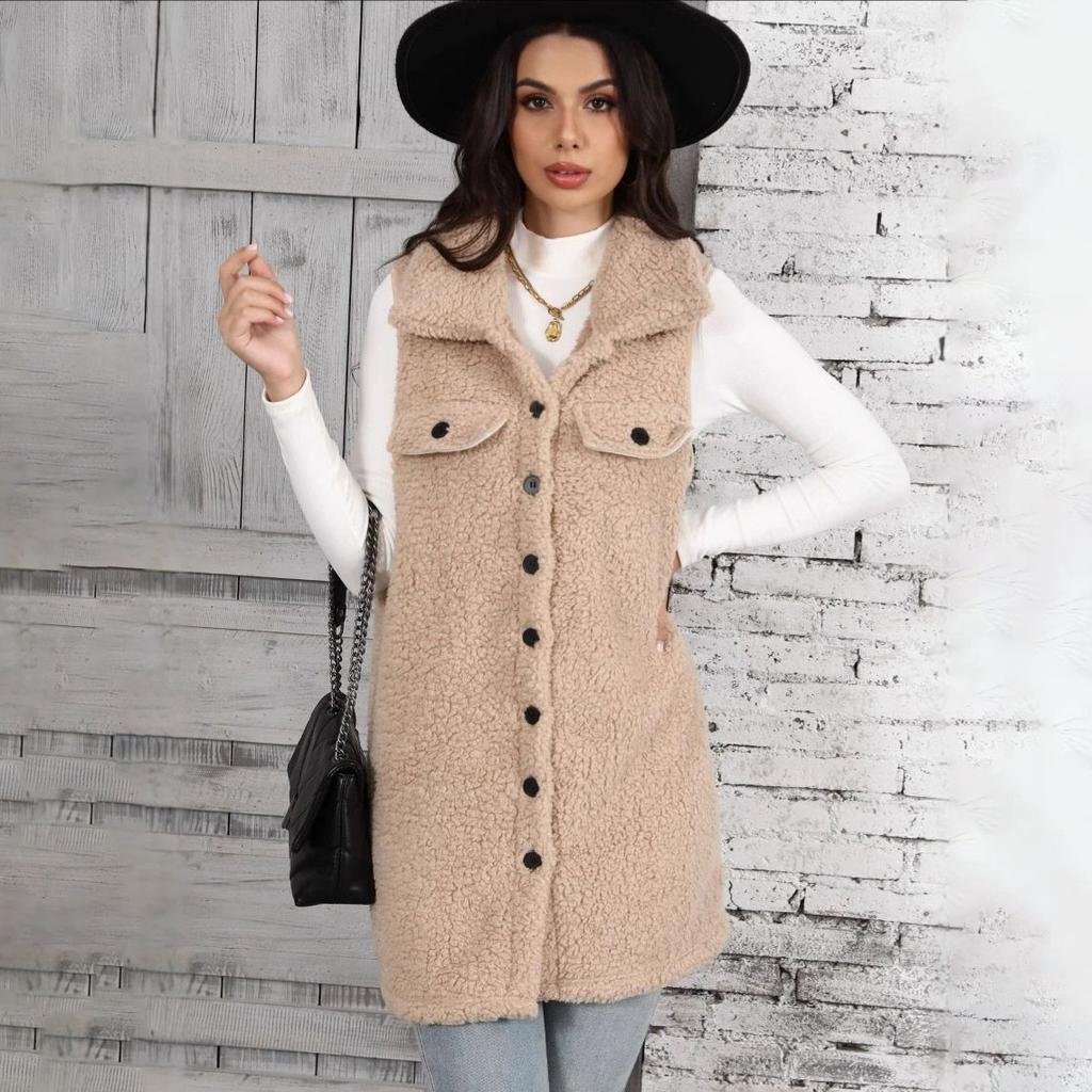 Fall and Winter Women's Lapel Sleeveless Loose Medium-length Plush Cardigan Plush Vest Jacket