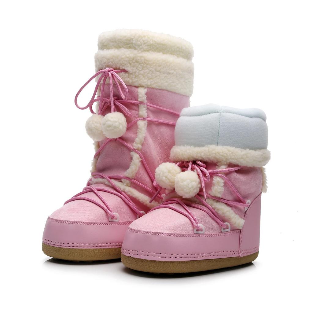 Free Ship Women Snow Boots Warm Plush Comfortable Platform Shoes Lady Lace-up Mid-Calf Pink Boots Non-slip Winter Shoes Booties