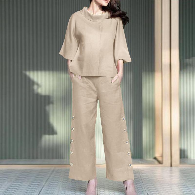 

Хлопковая одежда Женская блузка и брюки Летний костюм из двух предметов XL бежевый