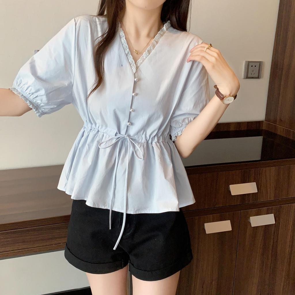 2026 Summer Plus Size Korean Style Drawstring Waist Slimming Short Sleeve Doll Top