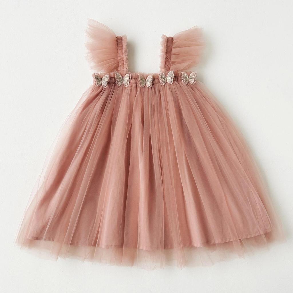 Double-Layer Butterfly Mesh Sweet Girl Strapless Fly-Sleeve Summer Puffy Princess Dress