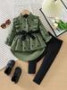 2025 Girls' Spring/Autumn Fashion Long Shirt Dress with Belt & Leggings Set