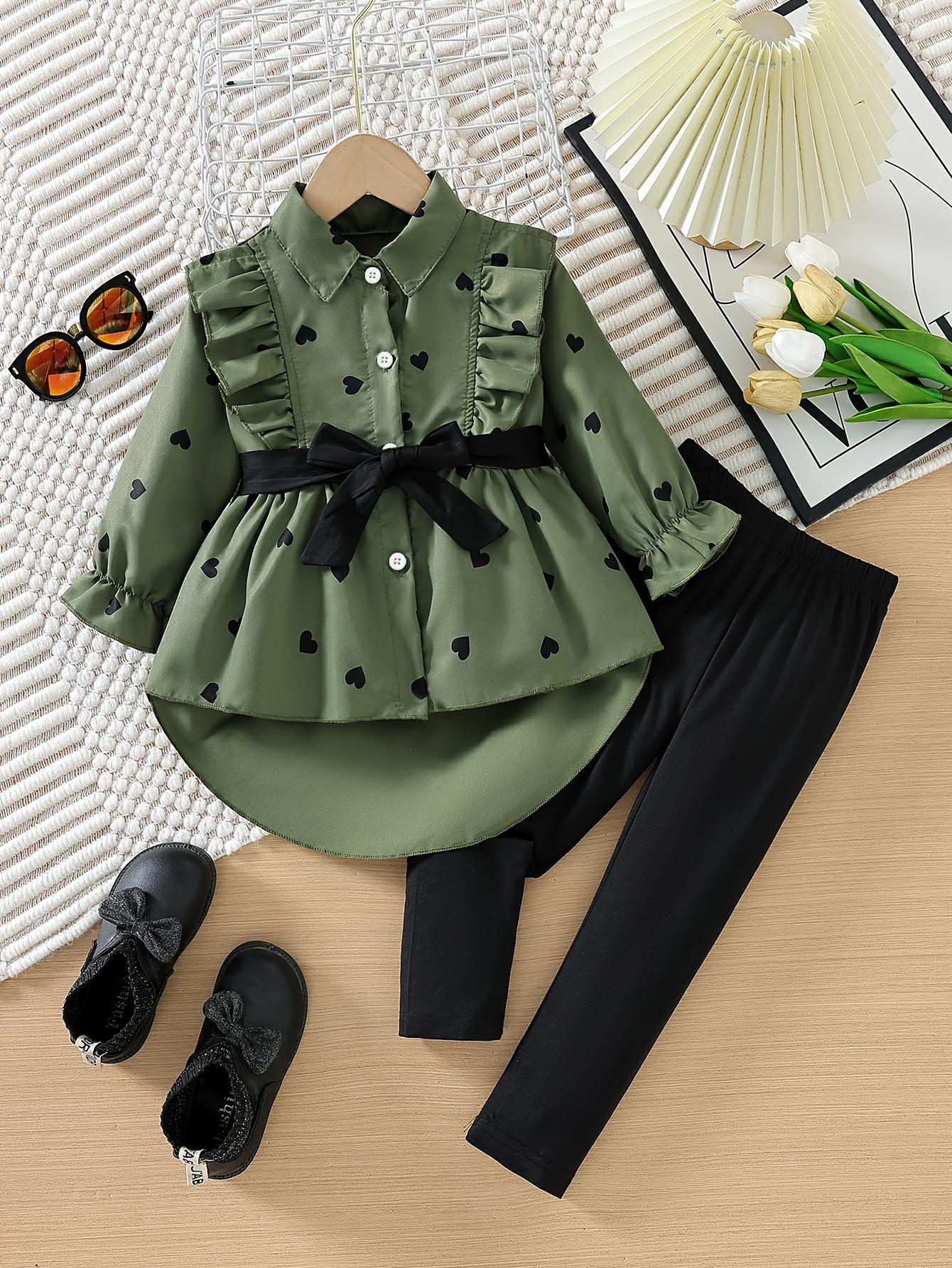 

2025 Girls Spring/Autumn Fashion Long Shirt Dress with Belt & Leggings Set 100cm/3-4 Years армія зелений колір