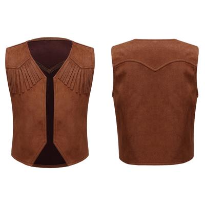 Boys Western Cowboy Vest Halloween Dress Up Kids Brown Suede Leather Fringed Hem Jacket for Carnival Theme Party