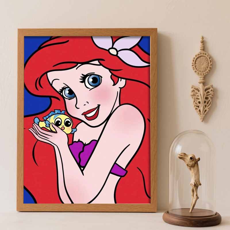 Disney diamond painting kit, 5D Ariel and Flounder wall decoration art gift for living room, bedroom, study room, etc. Round 20x30cm