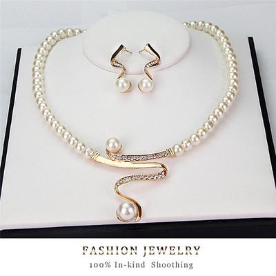 Women Bridal Wedding Party Pearl Rhinestone Necklace Earrings Jewelry Set