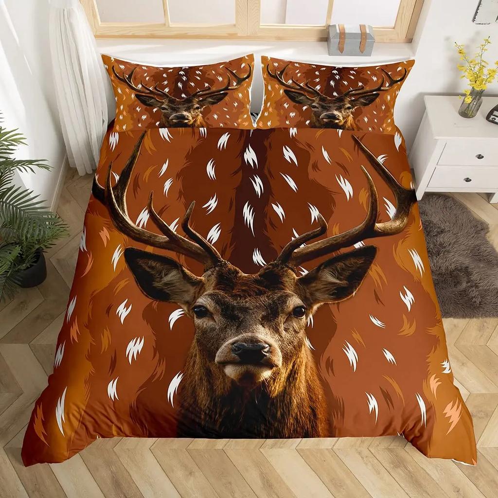 Antler King Queen Duvet Cover Whitetail Deer Bedding Set Wild Fawn Quilt Cover Countryside Rural Animal Brown Comforter Cover