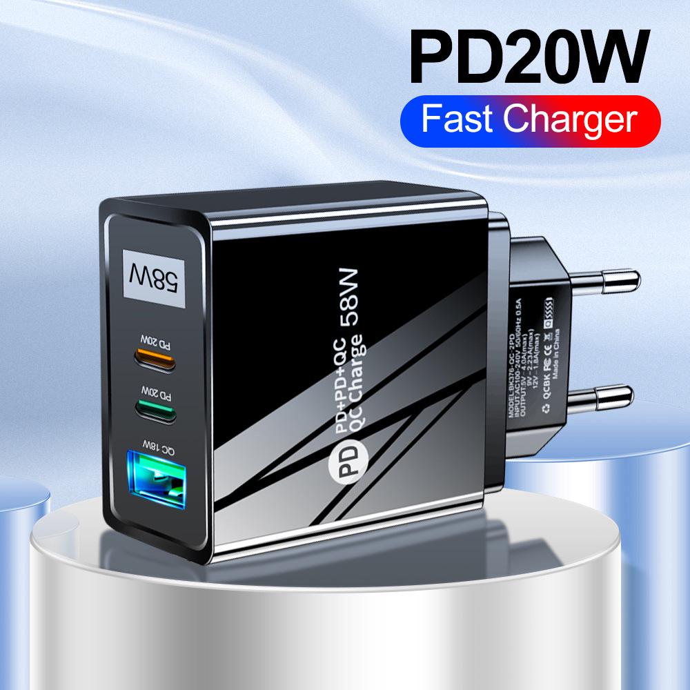 

58W Dual USB-C Fast Charger with 2PD+QC3.0 (EU/US/UK/KR/AU Plug Options) 58W-376 UK Black [2C+U]