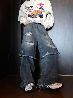 American High Street Hip-hop Ripped Jean Men Straight Washed Jeans Loose Retro Casual Y2k Denim Pants