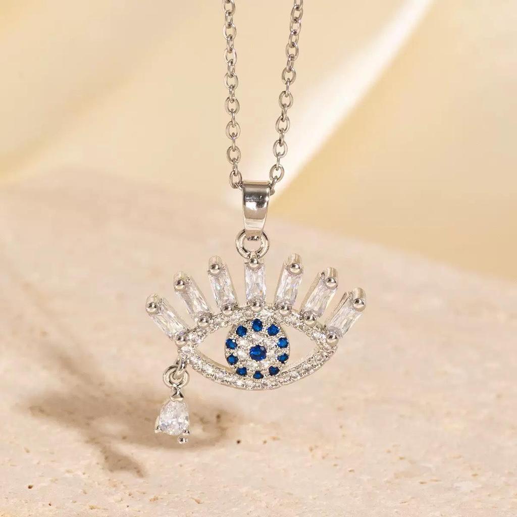 Cross Devil's Eye Necklace: Colorful Zirconia Pendant on Titanium Steel Clavicle Chain