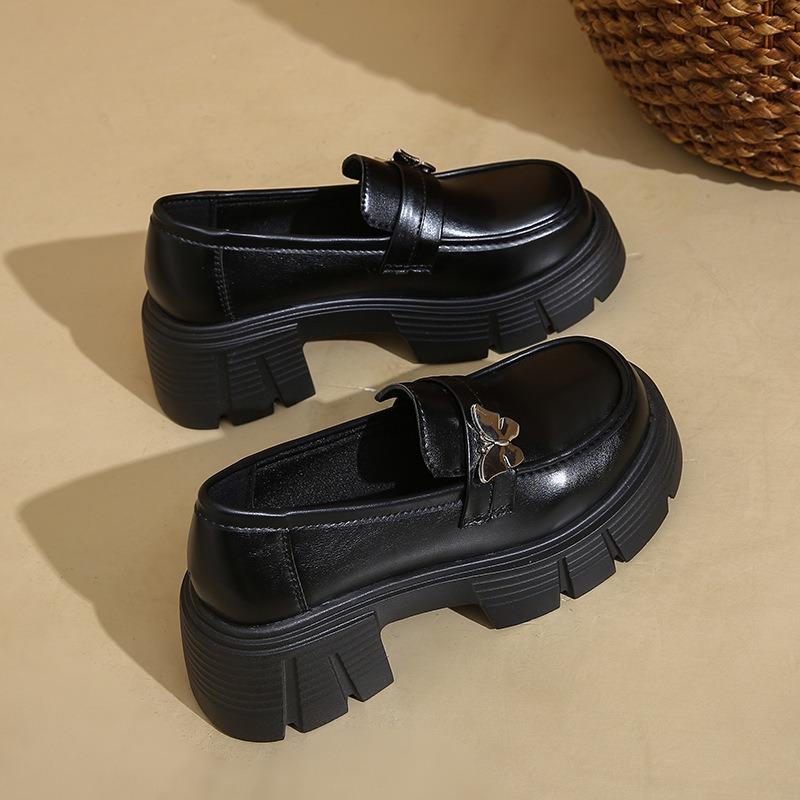 Thick-soled heightening women's spring new black small leather shoes, one-pedal single shoes women