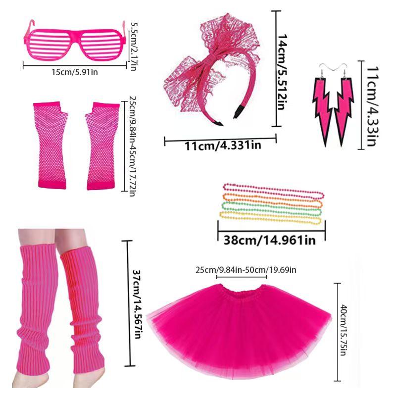 PESENAR 80er Jahre Outfit Kostüm Zubehör für Damen, Neon Tutu Stirnband Halskette Handschuhe Brille Beinstulpen für 80er Jahre Mottoparty