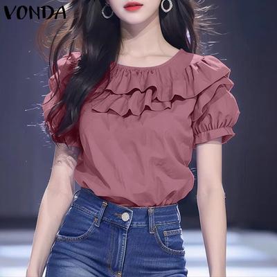 Womens Summer Ruffled Round Neck Short Sleeve Blouses
