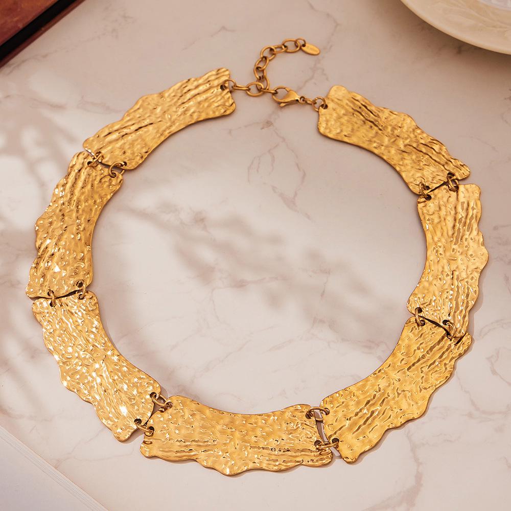 Vintage-Style Wide Textured Handmade Necklace: 18K Gold & Stainless Steel Women's Jewelry