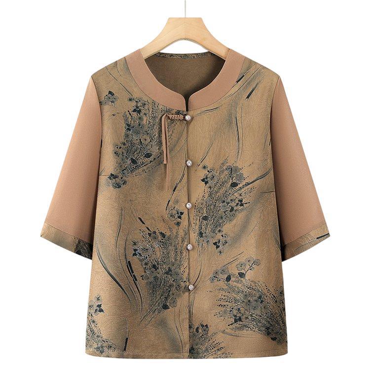 Retro Fashion Plus Size Summer Shirt for Middle-Aged & Elderly Women - Loose, Printed Mom's Top