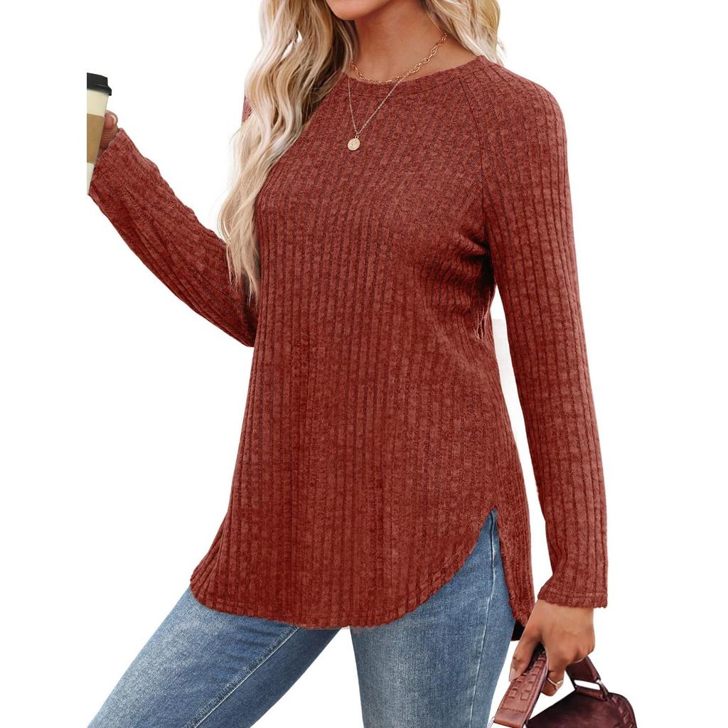 Women's Autumn New Loose Round Neck High and Low Curved Hem Top
