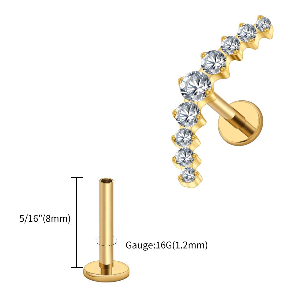 Right Grand ASTM F136 Titanium Arc CZ Cluster Labret Curved Bar Flat Back Stud Earring Helix Cartilage Conch Piercing Jewelry