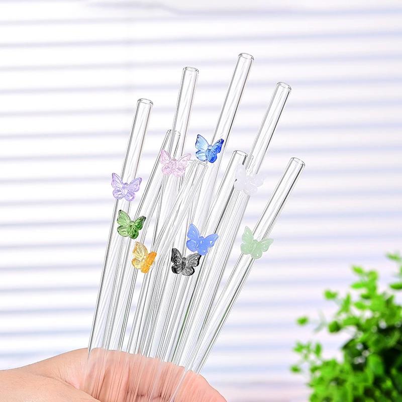 8Pcs Glass Smoothie Straw, Reusable Clear Drinking Straws for Smoothie Milkshakes Environmentally Friendly Drinkware Straw