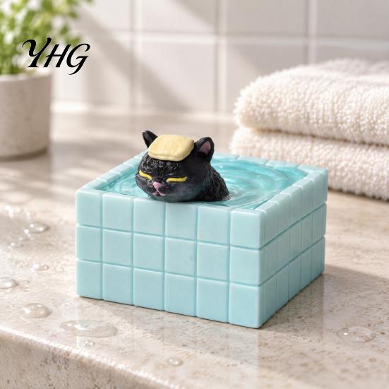 Decorative Cat in Bathtub Cute Bathing Figurine, Mini Kitten Blue Statue, Micro Landscape Charming Office Desk Decor Fairy Garden Ornament,