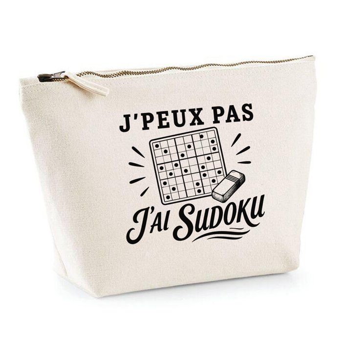 Trousse Beige J’peux pas j’ai Sudoku J'peux pas minimaliste | Trousse de Toilette en Coton 3 L avec Zip Métal et Fond Plat