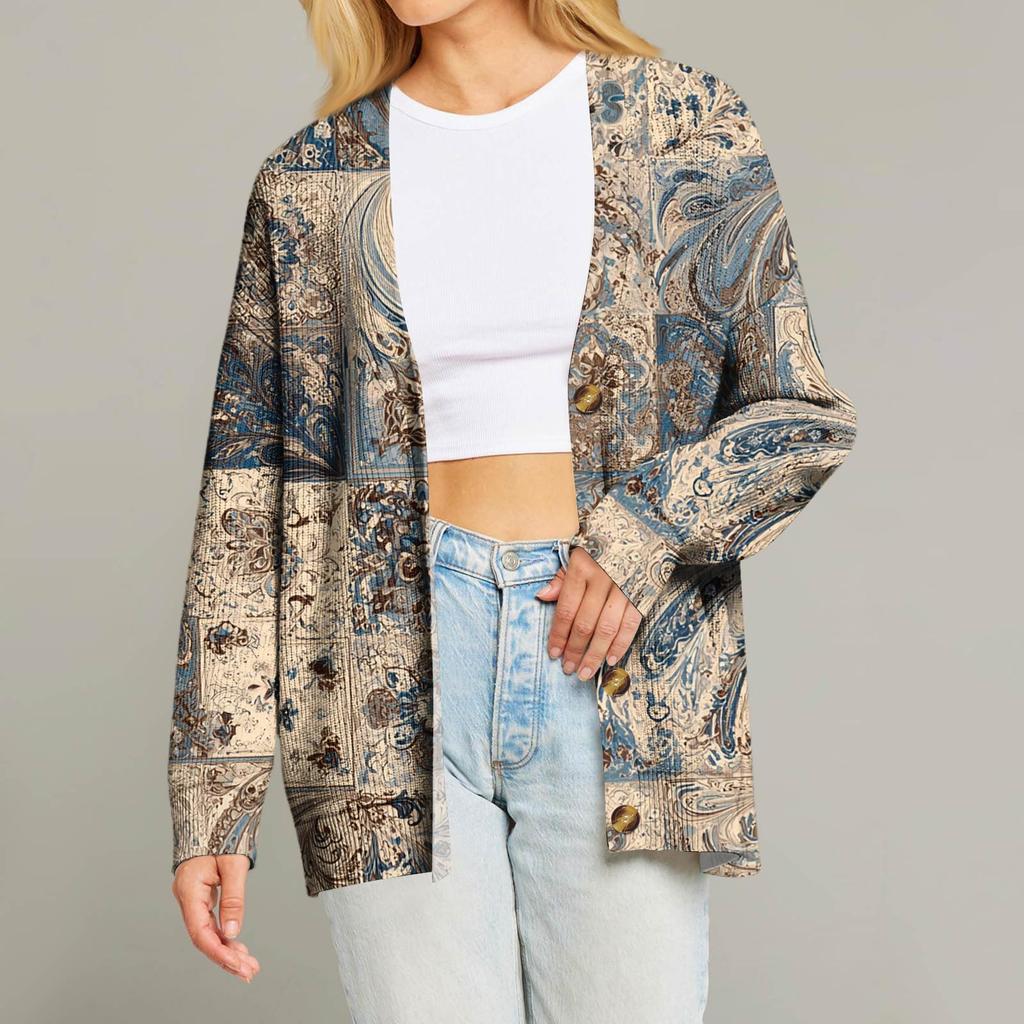 Women's Fashion Long Sleeve Christmas Print V-Neck Button Loose Cardigan Top