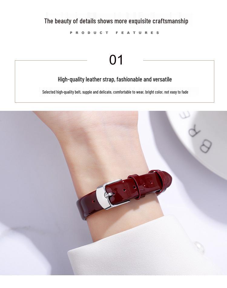 Gedi Damski Jasnoczerwony Skórzany Pasek Zegarek Kwarcowy Wodoodporny