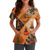Women V Neck Short Sleeve Scrub Top with Pockets Halloween Themed Printed Work Uniform for Nurses and Caregivers