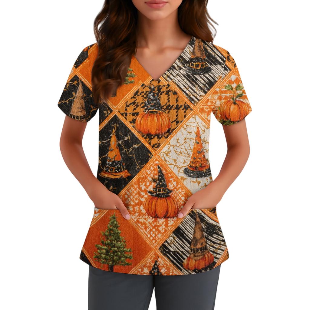 Women V Neck Short Sleeve Scrub Top with Pockets Halloween Themed Printed Work Uniform for Nurses and Caregivers