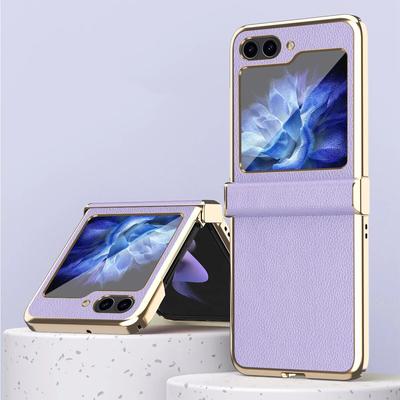 Kožené pouzdro na telefon Lichee pro Samsung Galaxy Z Flip5 Flip4 Flip3 Luxusní pokovování nárazuvzdorný zadní ochranný kryt