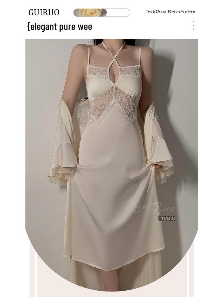 Pure Desire Ice Silk Nightdress Set: Rose-Inspired Lingerie with Deep V Neckline and Breast Pads, Comfortable Outer Robe - Model Z4553