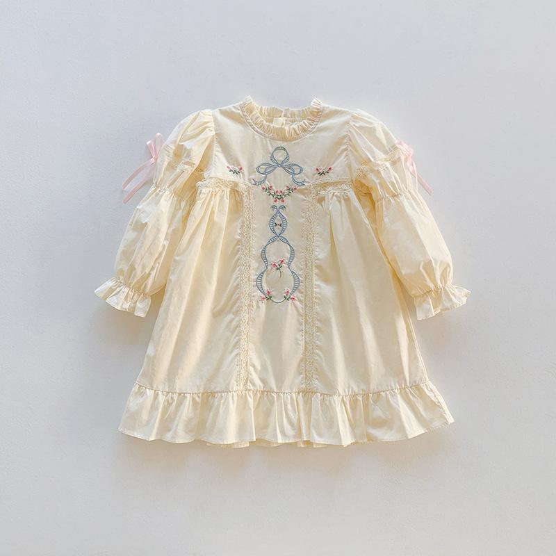 Girls Spring Cotton Princess Dress With Embroidered Lace Puff Sleeves Elegant Kids Party Gown For Little And Big Girls