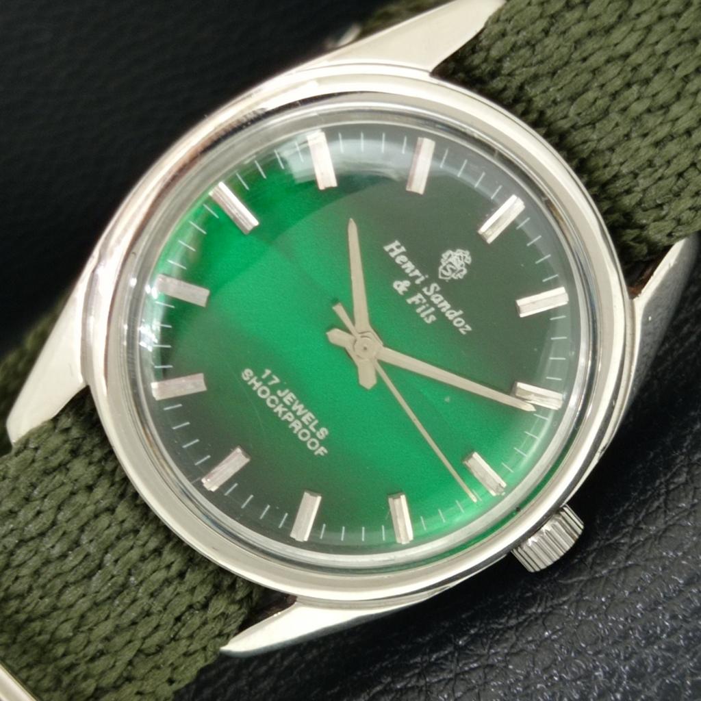HENRI SANDOZ & FILS ВИНТАЖНЫЕ ШВЕЙЦАРСКИЕ МУЖСКИЕ ЧАСЫ С ЗЕЛЕНЫМ ЦИФЕРБЛАТОМ С РУЧНЫМ ЗАВОДОМ a706007-1