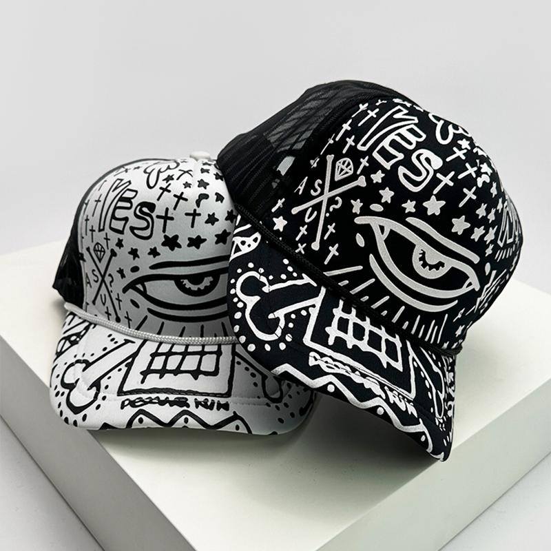 Men And Women With Printed Pattern Cartoon Baseball Caps Air Permeable Sun Protection All-Match Korean Style Hip Hop Half Mesh Hats Ins Trend