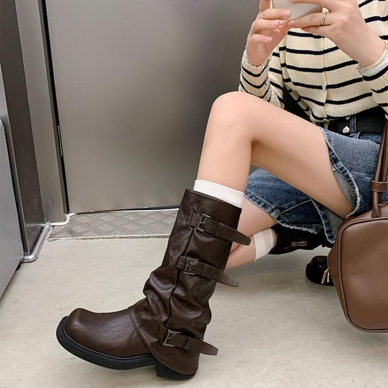 2025 nouveau pantalon tube noir montant bottes tube femme bottes de chevalier cowboy occidental bottes plissées à semelle épaisse