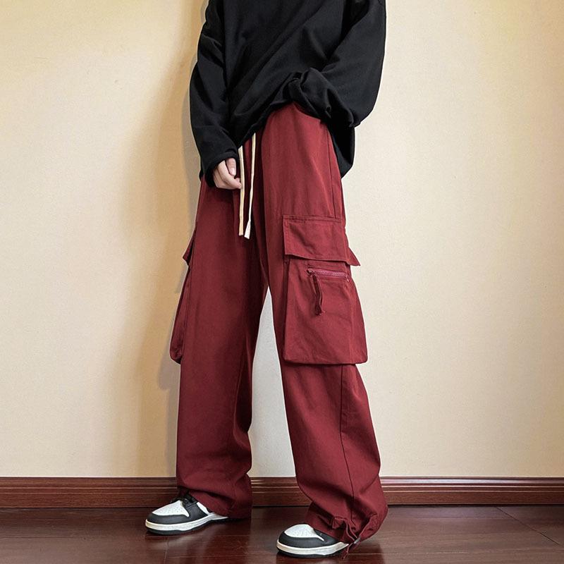 Men's Autumn Red Hip-Hop Wide Leg Overalls - Trendy, Loose, Casual Straight Pants.