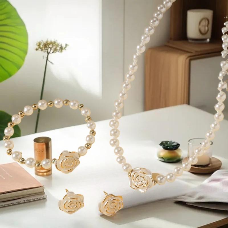 3PCS Camellia Women's Party Necklace Bracelet And Earrings Set Elegant Bridal Jewelry Gift